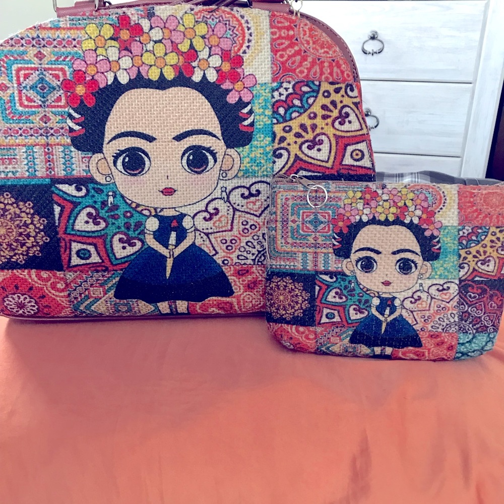 Medium hand bad with cute wallet very colorful of Frida Kahlo